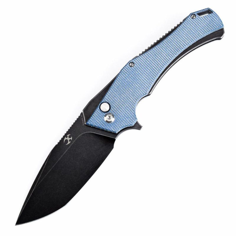 Hellx Button Lock Blue Micarta Handle (3.6”D2 Blade )Mikkel Willumsen Design -T1008F3 Blue | Folding Pocket Knives