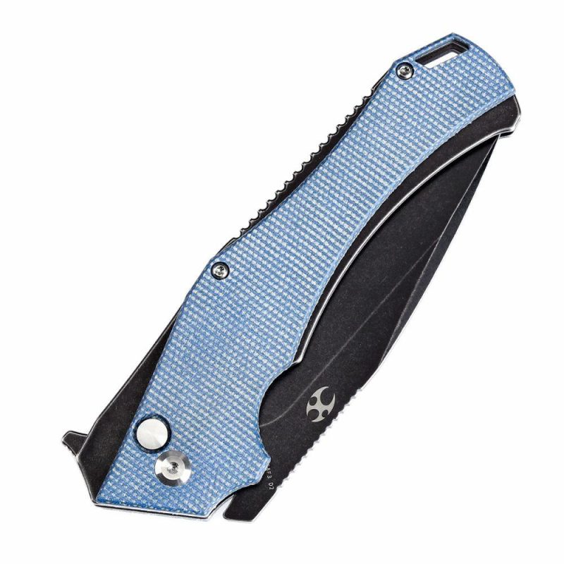 Hellx Button Lock Blue Micarta Handle (3.6”D2 Blade )Mikkel Willumsen Design -T1008F3 Blue | Folding Pocket Knives