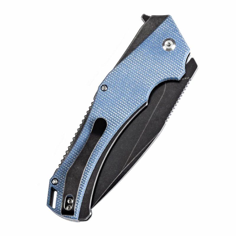 Hellx Button Lock Blue Micarta Handle (3.6”D2 Blade )Mikkel Willumsen Design -T1008F3 Blue | Folding Pocket Knives