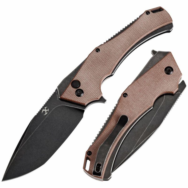 Hellx Button Lock Brown Micarta Handle (3.6”D2 Blade )Mikkel Willumsen Design -T1008F2 Brown | Folding Pocket Knives