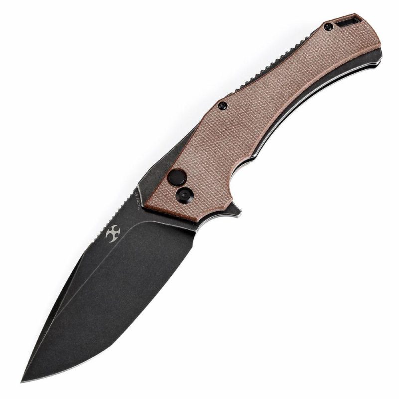 Hellx Button Lock Brown Micarta Handle (3.6”D2 Blade )Mikkel Willumsen Design -T1008F2 Brown | Folding Pocket Knives