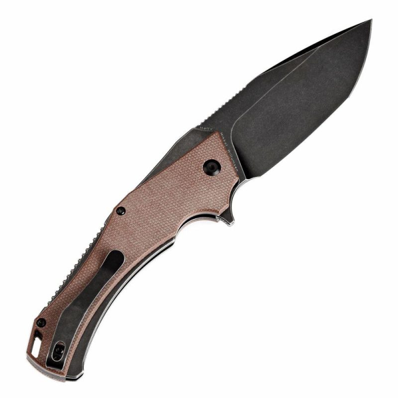 Hellx Button Lock Brown Micarta Handle (3.6”D2 Blade )Mikkel Willumsen Design -T1008F2 Brown | Folding Pocket Knives