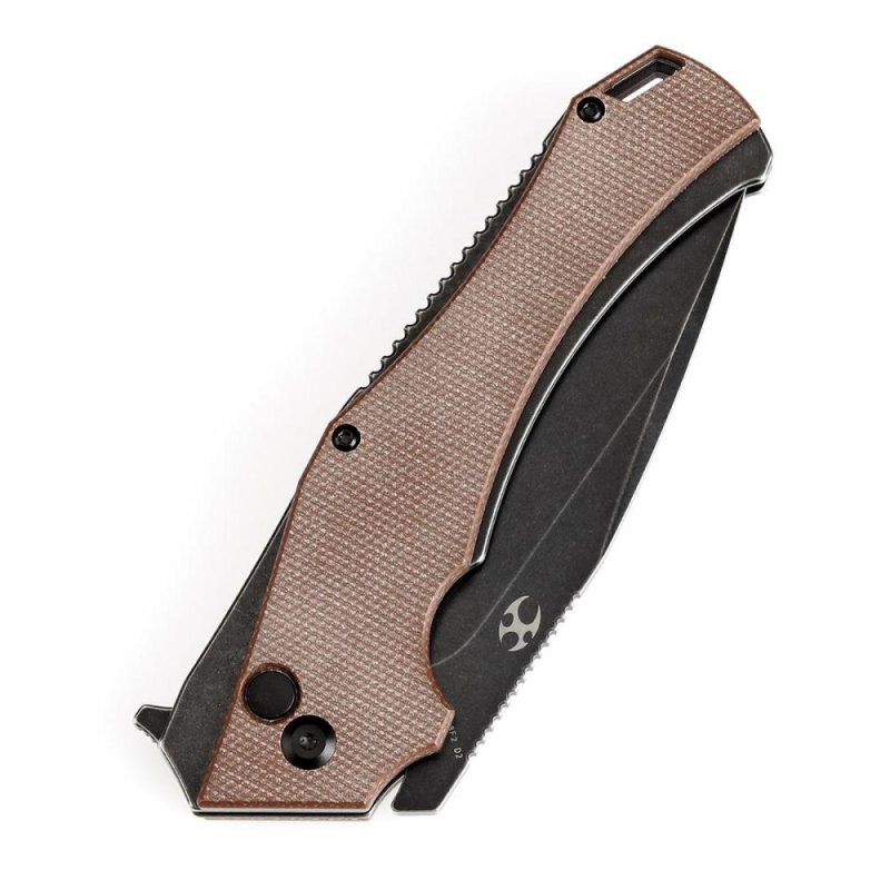 Hellx Button Lock Brown Micarta Handle (3.6”D2 Blade )Mikkel Willumsen Design -T1008F2 Brown | Folding Pocket Knives