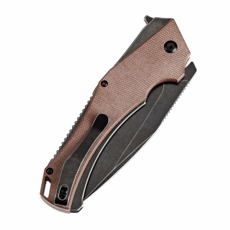 Hellx Button Lock Brown Micarta Handle (3.6”D2 Blade )Mikkel Willumsen Design -T1008F2 Brown | Folding Pocket Knives