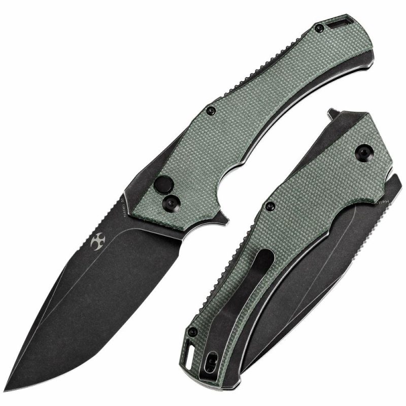 Hellx Button Lock Green Micarta Handle (3.6”D2 Blade )Mikkel Willumsen Design -T1008F1 Green | Folding Pocket Knives