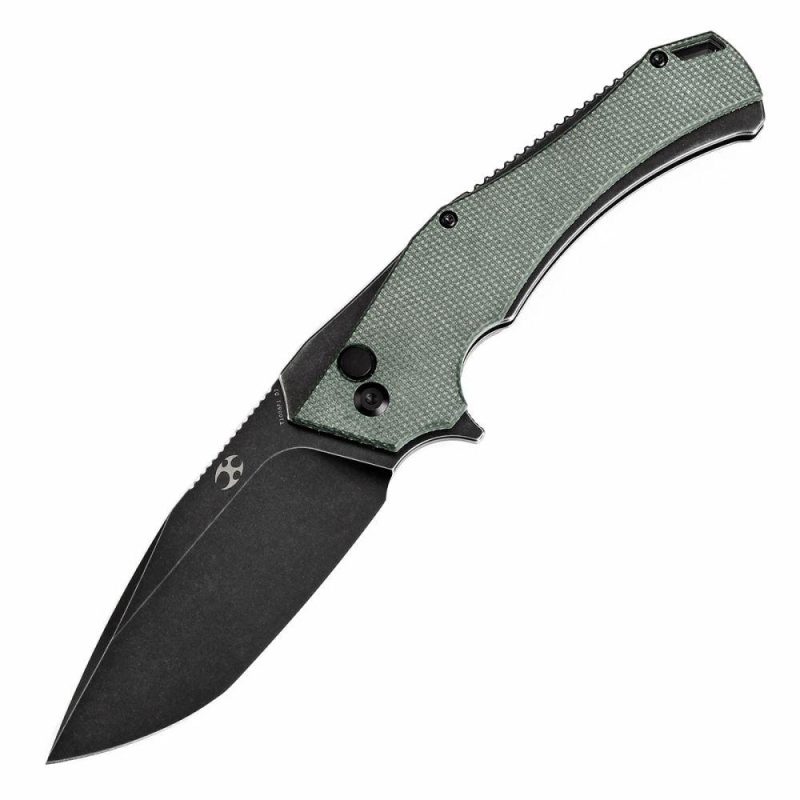 Hellx Button Lock Green Micarta Handle (3.6”D2 Blade )Mikkel Willumsen Design -T1008F1 Green | Folding Pocket Knives