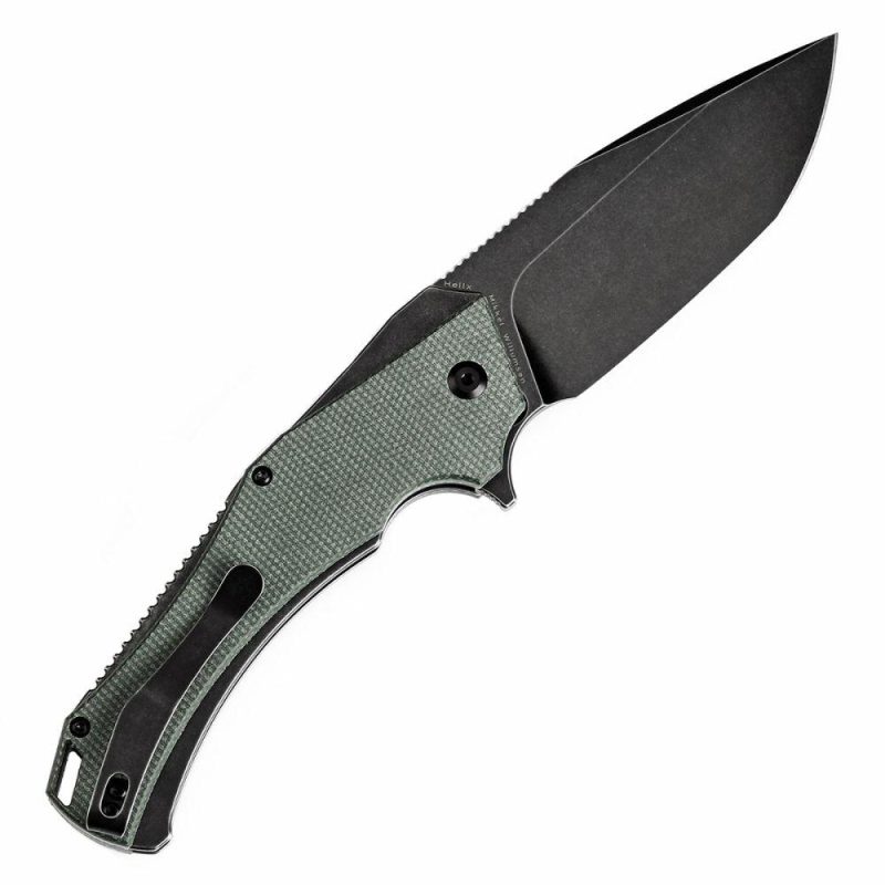 Hellx Button Lock Green Micarta Handle (3.6”D2 Blade )Mikkel Willumsen Design -T1008F1 Green | Folding Pocket Knives