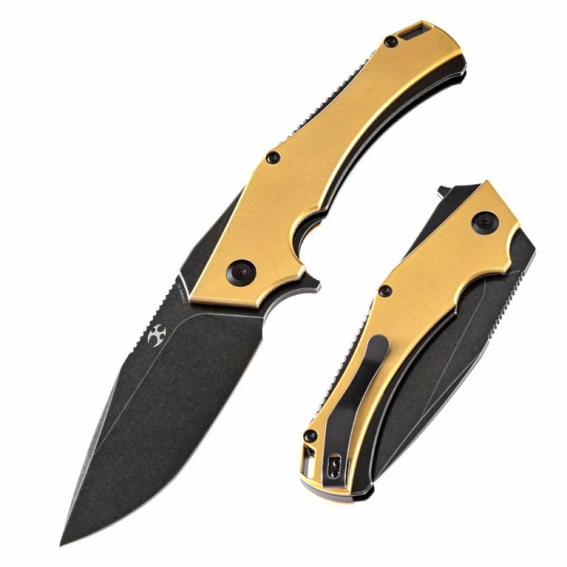 Hellx Thumb Hole Knife Brass Anodized Stainless Steel Handle (3.60"D2 Blade) Mikkel Willumsen Design-T1008B2 Brass | Folding Pocket Knives