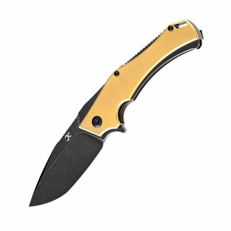 Hellx Thumb Hole Knife Brass Anodized Stainless Steel Handle (3.60"D2 Blade) Mikkel Willumsen Design-T1008B2 Brass | Folding Pocket Knives