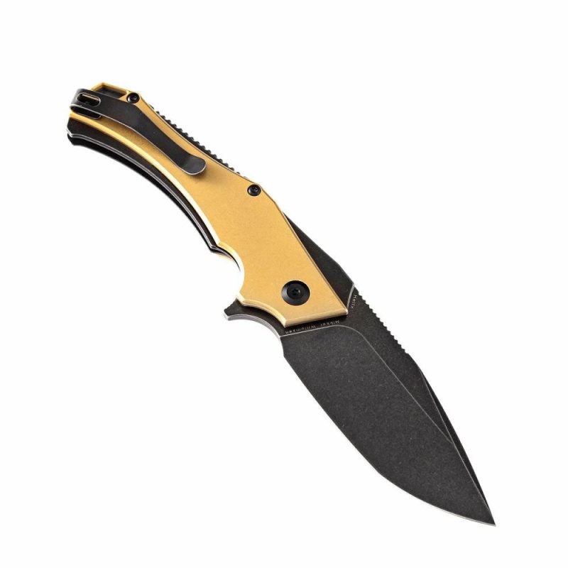 Hellx Thumb Hole Knife Brass Anodized Stainless Steel Handle (3.60"D2 Blade) Mikkel Willumsen Design-T1008B2 Brass | Folding Pocket Knives