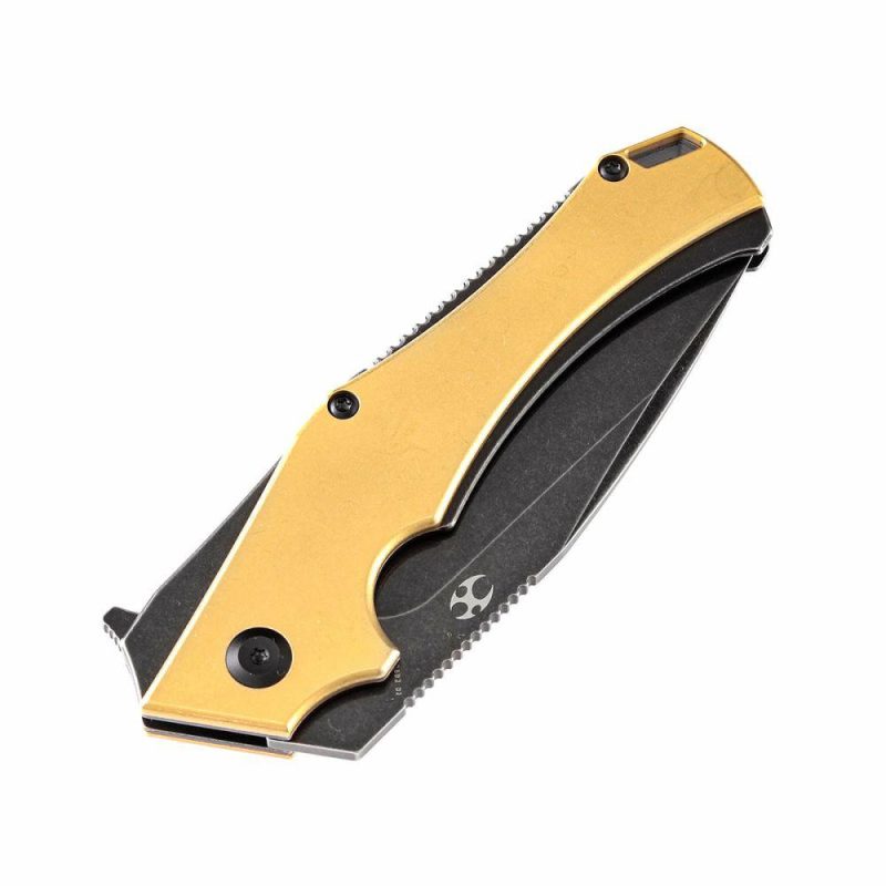 Hellx Thumb Hole Knife Brass Anodized Stainless Steel Handle (3.60"D2 Blade) Mikkel Willumsen Design-T1008B2 Brass | Folding Pocket Knives