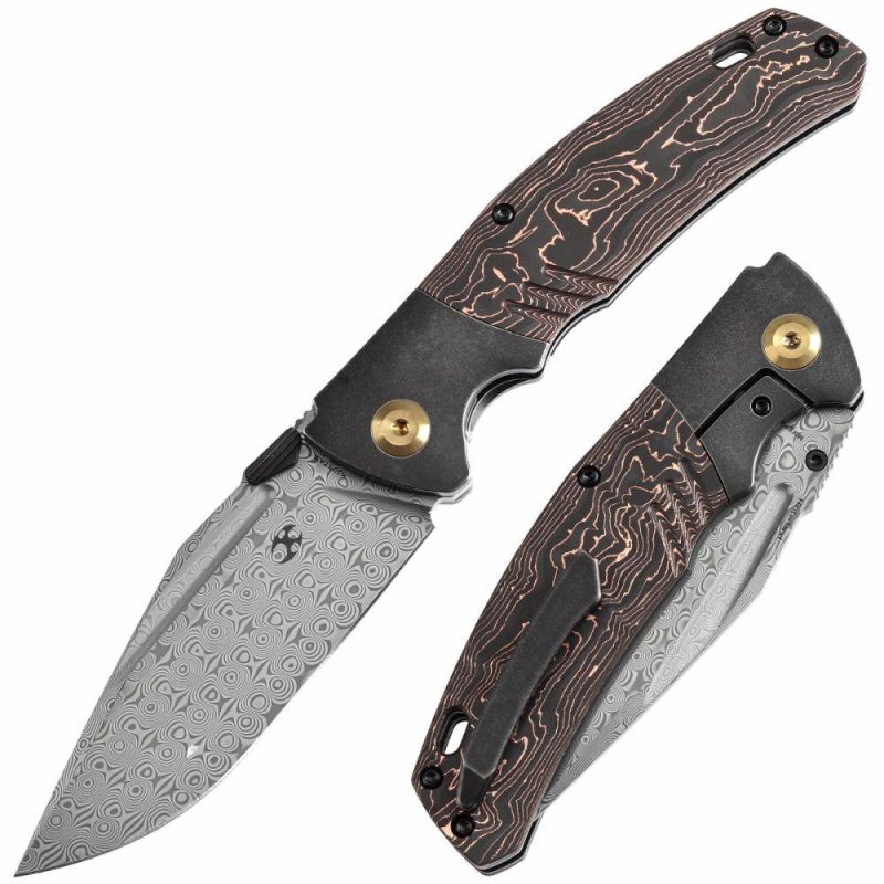 Hinterland Thumb Stub Blackwash Titanium and Copper Carbon Fiber Handle (3.58"Damascus Blade) Morgan Koens Design-K1057A3 Black/Brown | Folding Pocket Knives