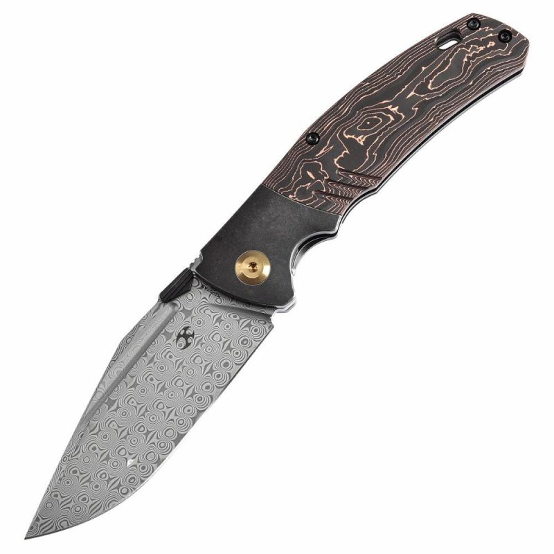 Hinterland Thumb Stub Blackwash Titanium and Copper Carbon Fiber Handle (3.58"Damascus Blade) Morgan Koens Design-K1057A3 Black/Brown | Folding Pocket Knives