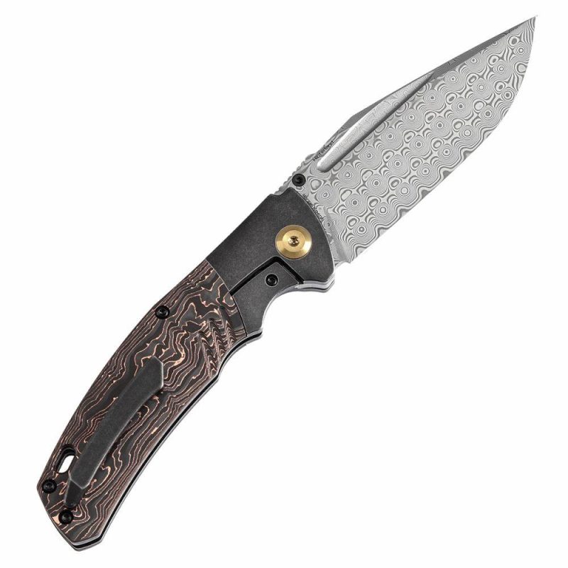 Hinterland Thumb Stub Blackwash Titanium and Copper Carbon Fiber Handle (3.58"Damascus Blade) Morgan Koens Design-K1057A3 Black/Brown | Folding Pocket Knives