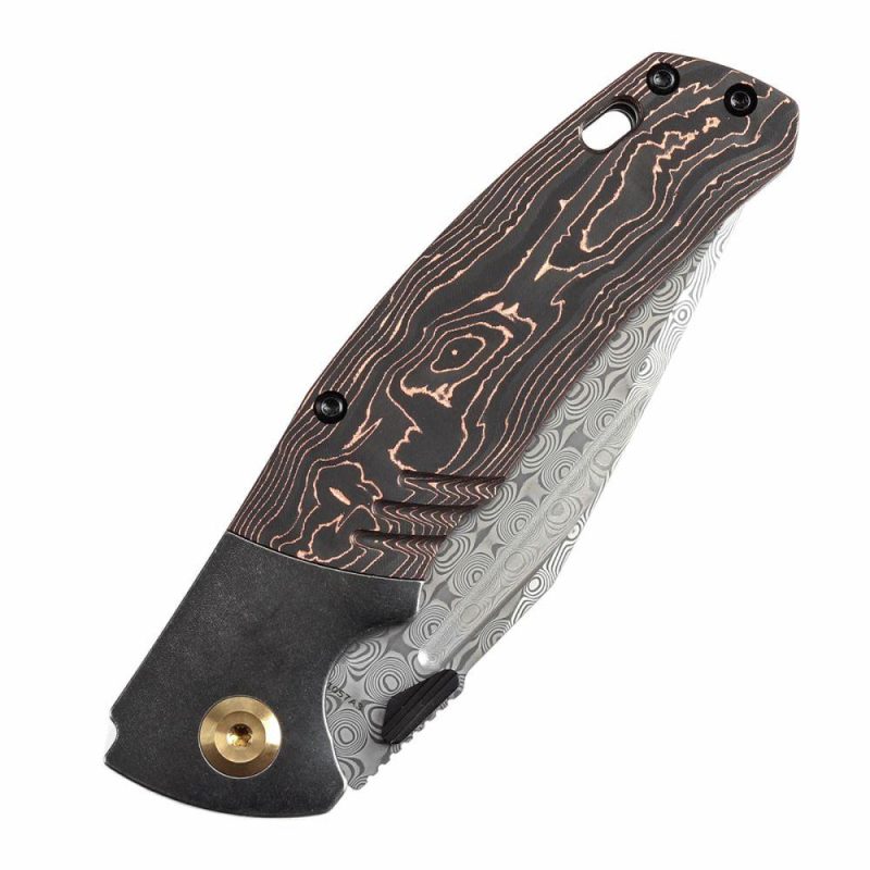 Hinterland Thumb Stub Blackwash Titanium and Copper Carbon Fiber Handle (3.58"Damascus Blade) Morgan Koens Design-K1057A3 Black/Brown | Folding Pocket Knives