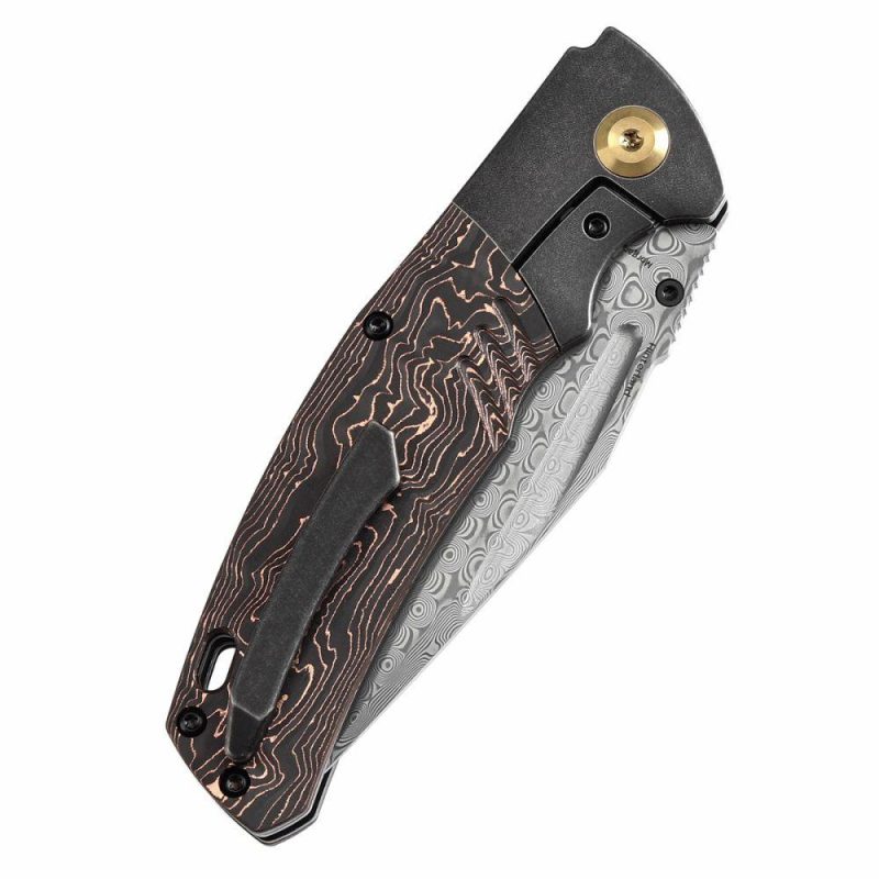 Hinterland Thumb Stub Blackwash Titanium and Copper Carbon Fiber Handle (3.58"Damascus Blade) Morgan Koens Design-K1057A3 Black/Brown | Folding Pocket Knives