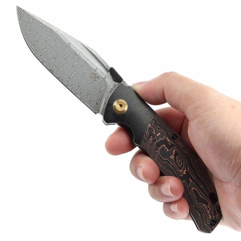 Hinterland Thumb Stub Blackwash Titanium and Copper Carbon Fiber Handle (3.58"Damascus Blade) Morgan Koens Design-K1057A3 Black/Brown | Folding Pocket Knives