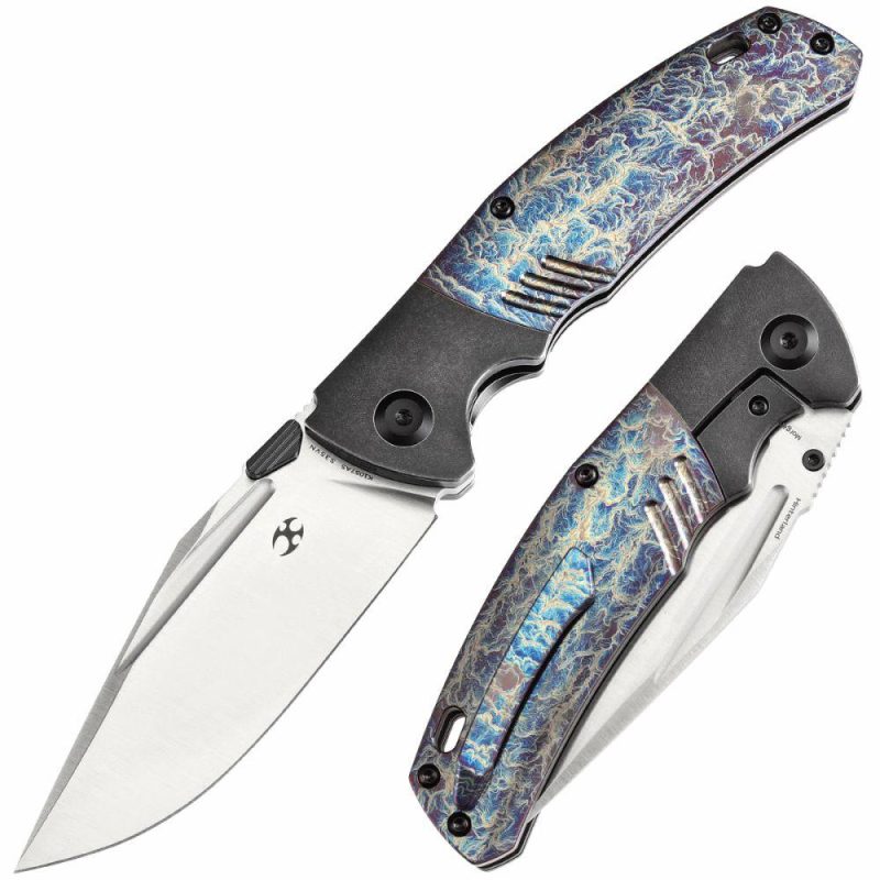 Hinterland Thumb Stub Blackwash Titanium and Lightning Strike Finished Titanium Inlay Handle (3.58" CPM S35VN Blade) Morgan Koens Design-K1057A5 Black/Blue | Folding Pocket Knives