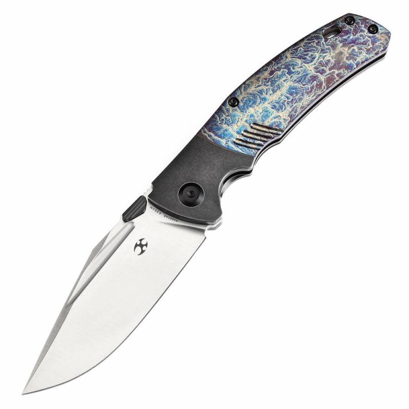 Hinterland Thumb Stub Blackwash Titanium and Lightning Strike Finished Titanium Inlay Handle (3.58" CPM S35VN Blade) Morgan Koens Design-K1057A5 Black/Blue | Folding Pocket Knives