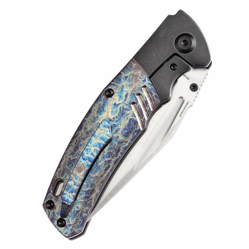 Hinterland Thumb Stub Blackwash Titanium and Lightning Strike Finished Titanium Inlay Handle (3.58" CPM S35VN Blade) Morgan Koens Design-K1057A5 Black/Blue | Folding Pocket Knives