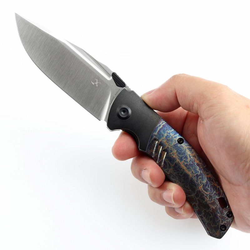 Hinterland Thumb Stub Blackwash Titanium and Lightning Strike Finished Titanium Inlay Handle (3.58" CPM S35VN Blade) Morgan Koens Design-K1057A5 Black/Blue | Folding Pocket Knives