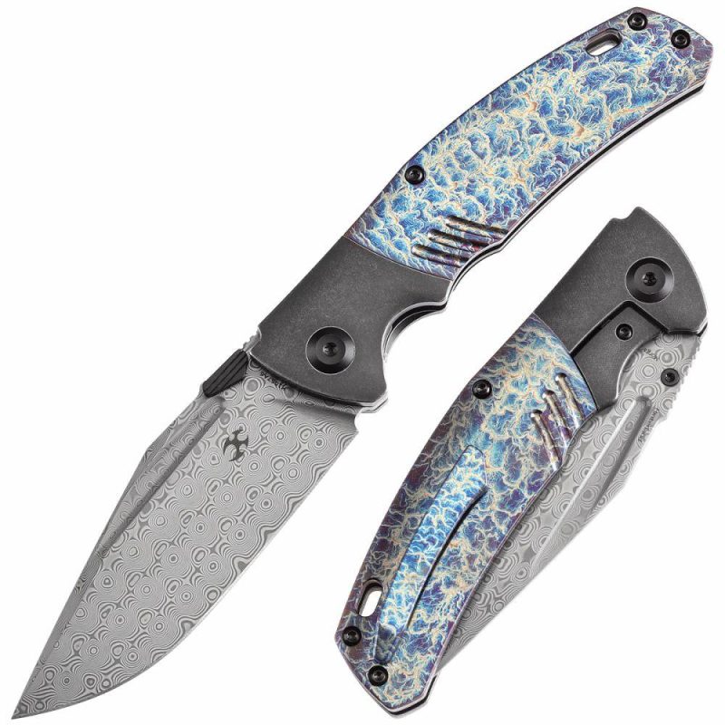 Hinterland Thumb Stub Blackwash Titanium and Lightning Strike Finished Titanium Inlay Handle (3.58" Damascus Blade) Morgan Koens Design-K1057A6 Black/Blue | Folding Pocket Knives