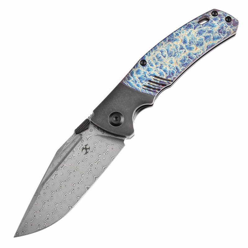 Hinterland Thumb Stub Blackwash Titanium and Lightning Strike Finished Titanium Inlay Handle (3.58" Damascus Blade) Morgan Koens Design-K1057A6 Black/Blue | Folding Pocket Knives