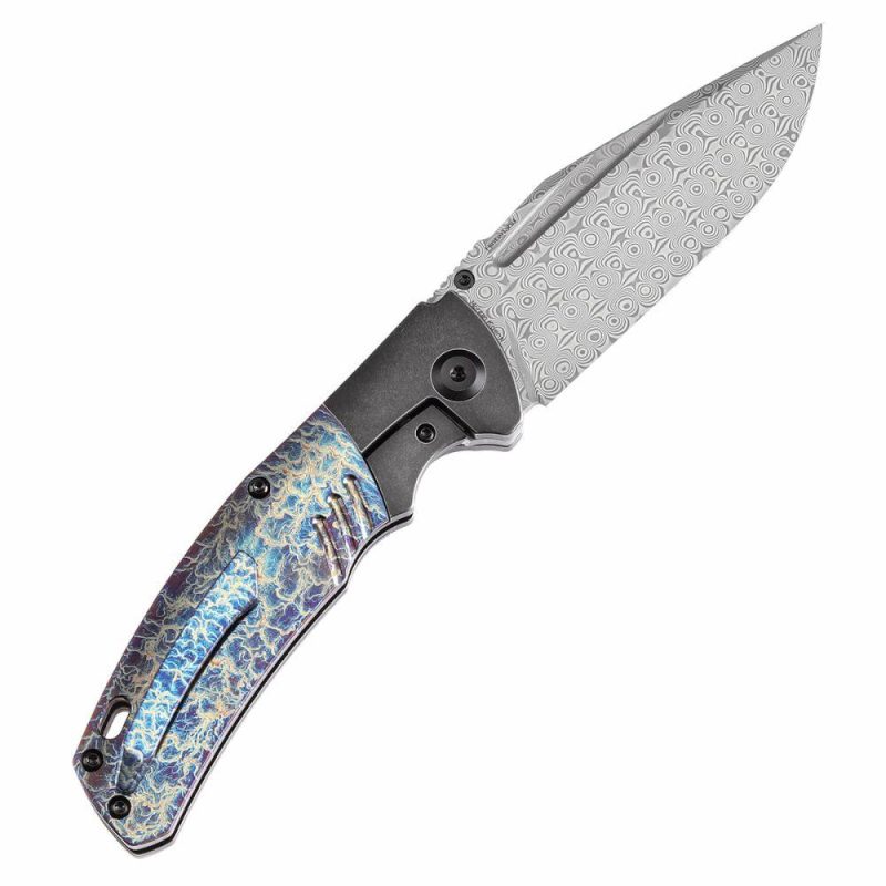 Hinterland Thumb Stub Blackwash Titanium and Lightning Strike Finished Titanium Inlay Handle (3.58" Damascus Blade) Morgan Koens Design-K1057A6 Black/Blue | Folding Pocket Knives