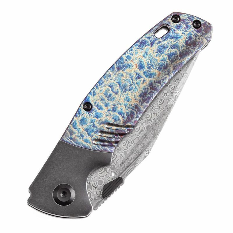 Hinterland Thumb Stub Blackwash Titanium and Lightning Strike Finished Titanium Inlay Handle (3.58" Damascus Blade) Morgan Koens Design-K1057A6 Black/Blue | Folding Pocket Knives