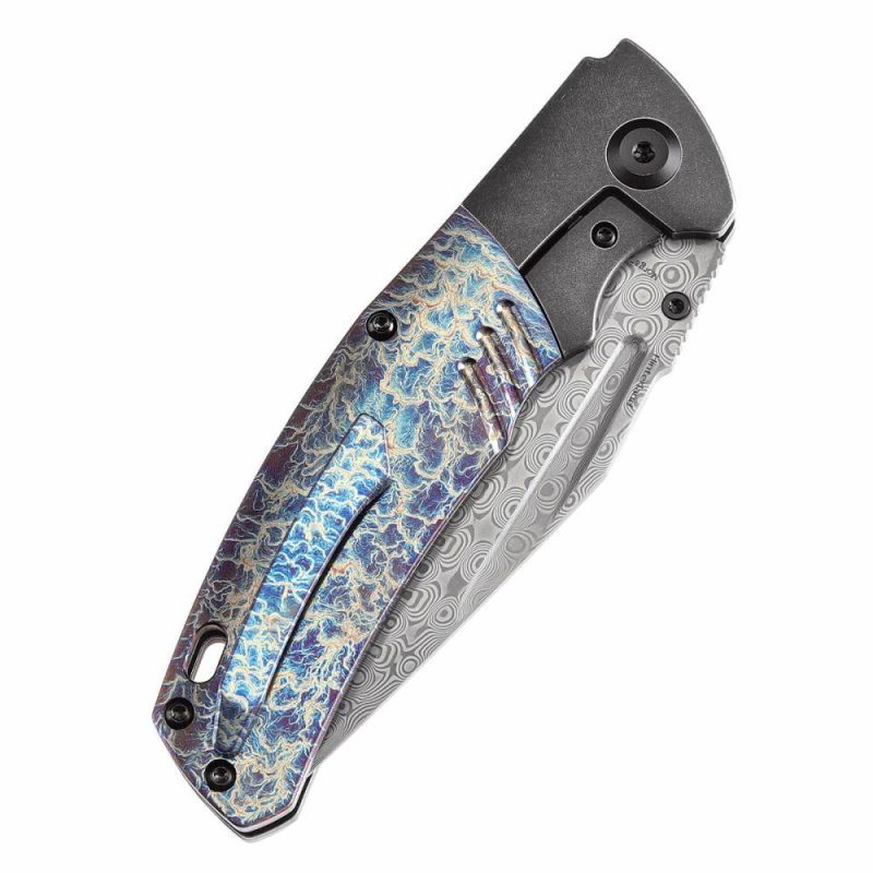 Hinterland Thumb Stub Blackwash Titanium and Lightning Strike Finished Titanium Inlay Handle (3.58" Damascus Blade) Morgan Koens Design-K1057A6 Black/Blue | Folding Pocket Knives