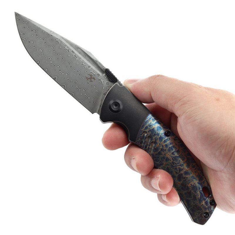 Hinterland Thumb Stub Blackwash Titanium and Lightning Strike Finished Titanium Inlay Handle (3.58" Damascus Blade) Morgan Koens Design-K1057A6 Black/Blue | Folding Pocket Knives