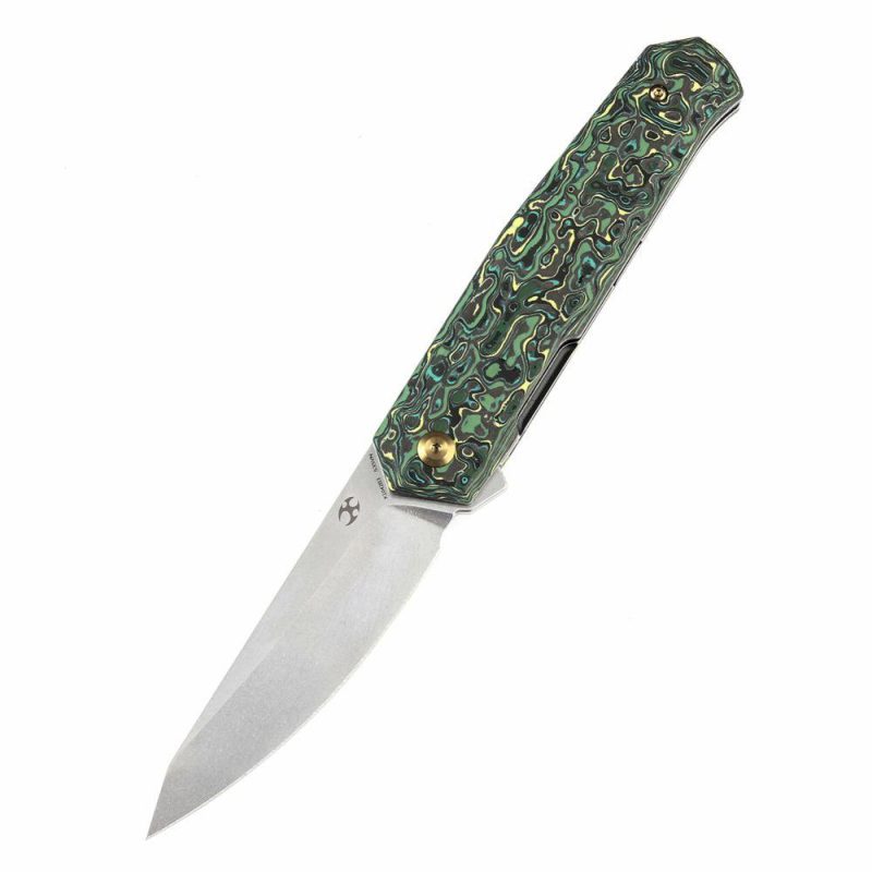 Integra Flipper Knife Green& Yellow Carbon Fiber Handle (3.63”CPM S35VN Blade) JK Knives-K1042B3 Green& Yellow | Folding Pocket Knives