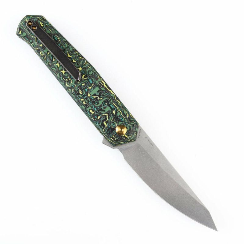 Integra Flipper Knife Green& Yellow Carbon Fiber Handle (3.63”CPM S35VN Blade) JK Knives-K1042B3 Green& Yellow | Folding Pocket Knives