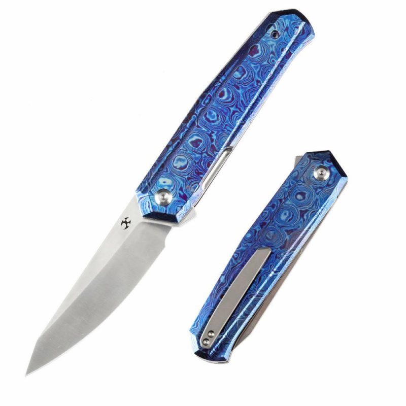 Integra Flipper Knife Timascus Handle (3.63”CPM S35VN Blade) JK Knives-K1042B1 Blue | Folding Pocket Knives