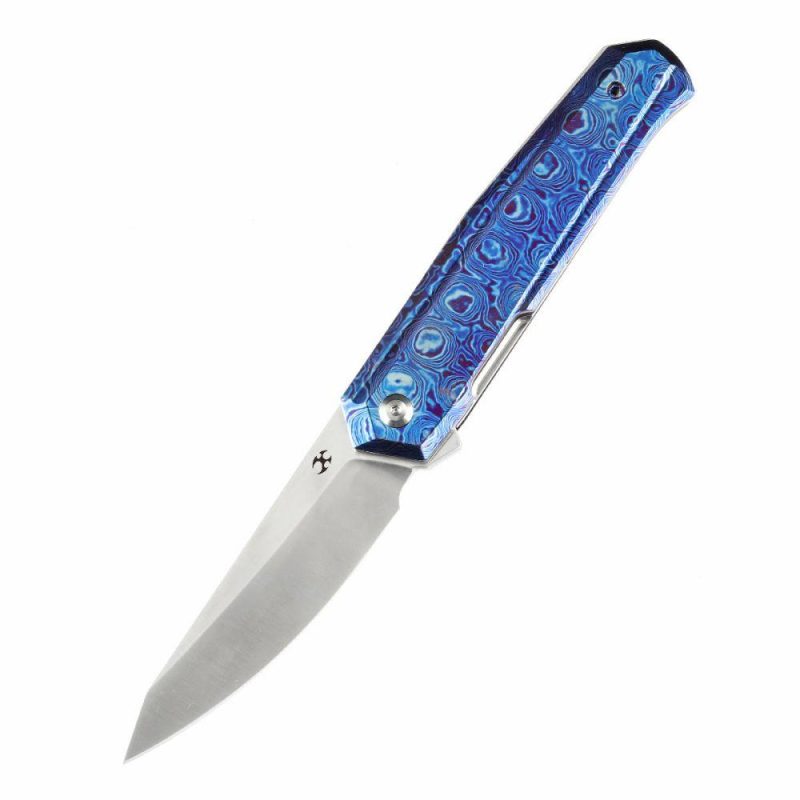 Integra Flipper Knife Timascus Handle (3.63”CPM S35VN Blade) JK Knives-K1042B1 Blue | Folding Pocket Knives