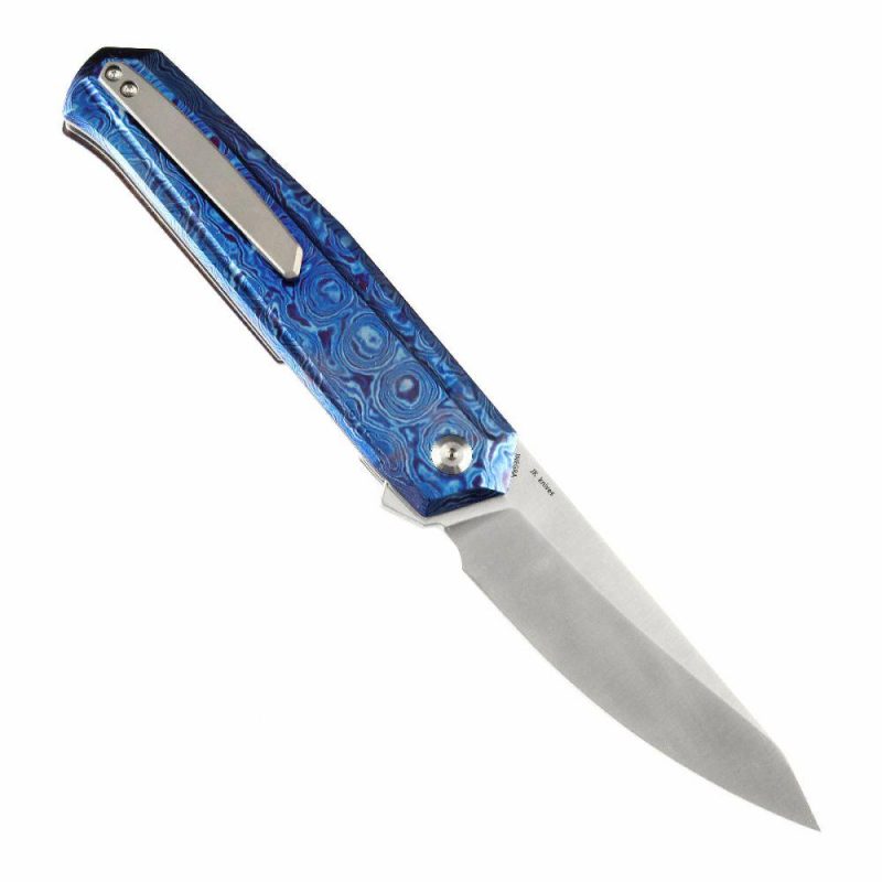 Integra Flipper Knife Timascus Handle (3.63”CPM S35VN Blade) JK Knives-K1042B1 Blue | Folding Pocket Knives