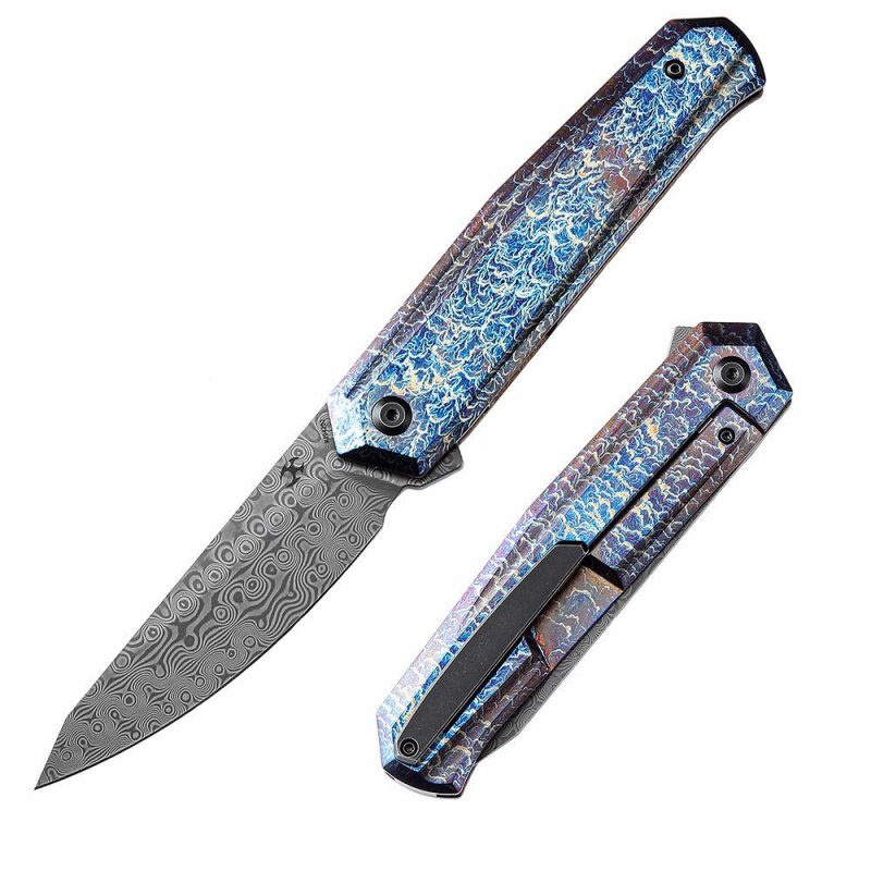 Integra K1042D2 Damascus Lightning Strike Anodized Titanium Handle Designed by JK Knives Blue/Purple | Folding Pocket Knives