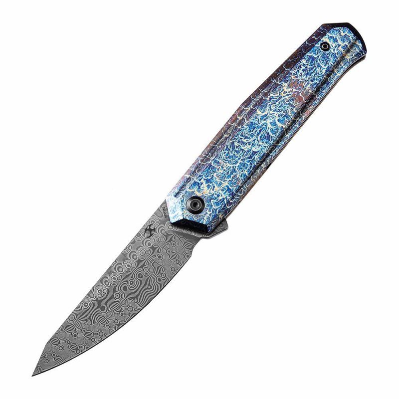 Integra K1042D2 Damascus Lightning Strike Anodized Titanium Handle Designed by JK Knives Blue/Purple | Folding Pocket Knives