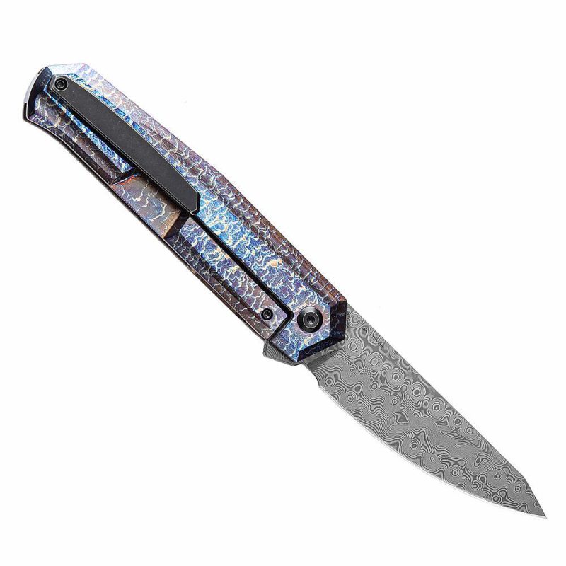 Integra K1042D2 Damascus Lightning Strike Anodized Titanium Handle Designed by JK Knives Blue/Purple | Folding Pocket Knives