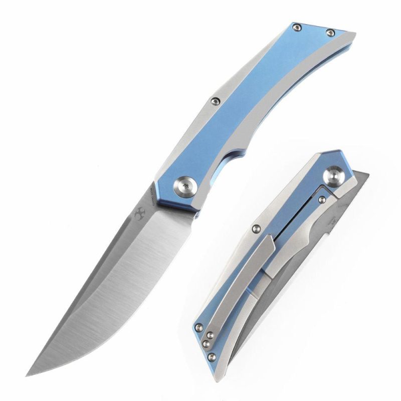 Knife Naska K1035A3 Satin CPM-S35VN Blade Blue Anodized and Plain Titanium Handle with APK Designs | Folding Pocket Knives