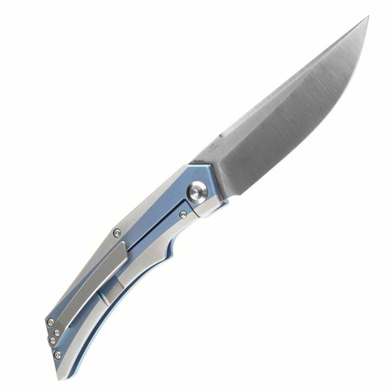 Knife Naska K1035A3 Satin CPM-S35VN Blade Blue Anodized and Plain Titanium Handle with APK Designs | Folding Pocket Knives