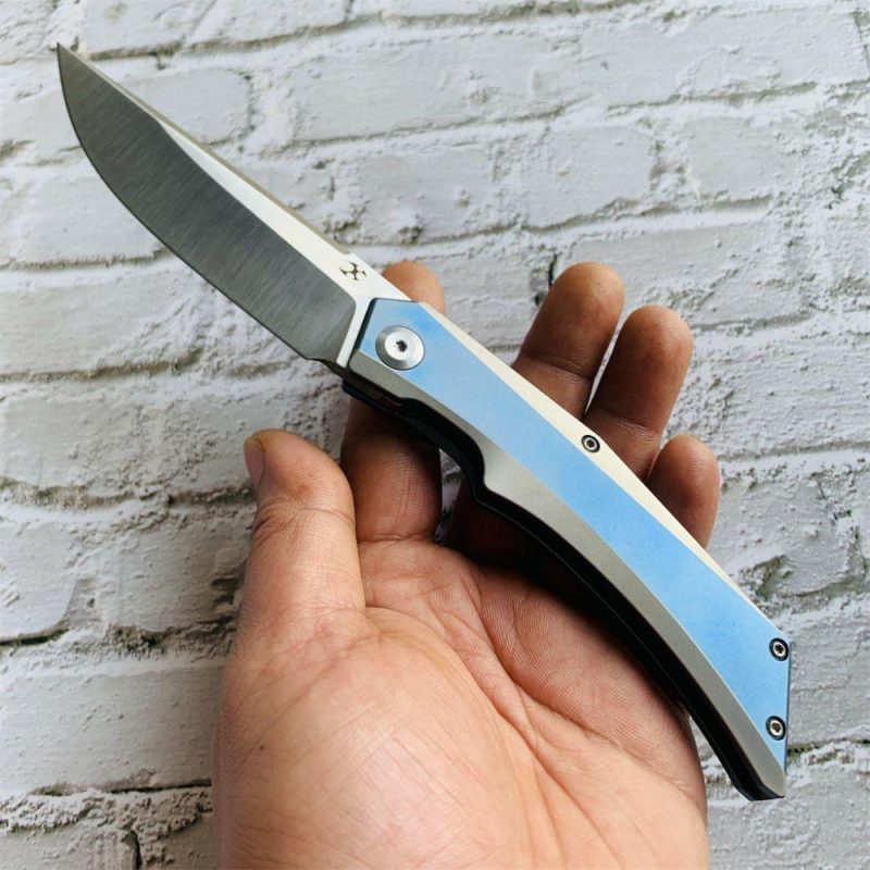 Knife Naska K1035A3 Satin CPM-S35VN Blade Blue Anodized and Plain Titanium Handle with APK Designs | Folding Pocket Knives