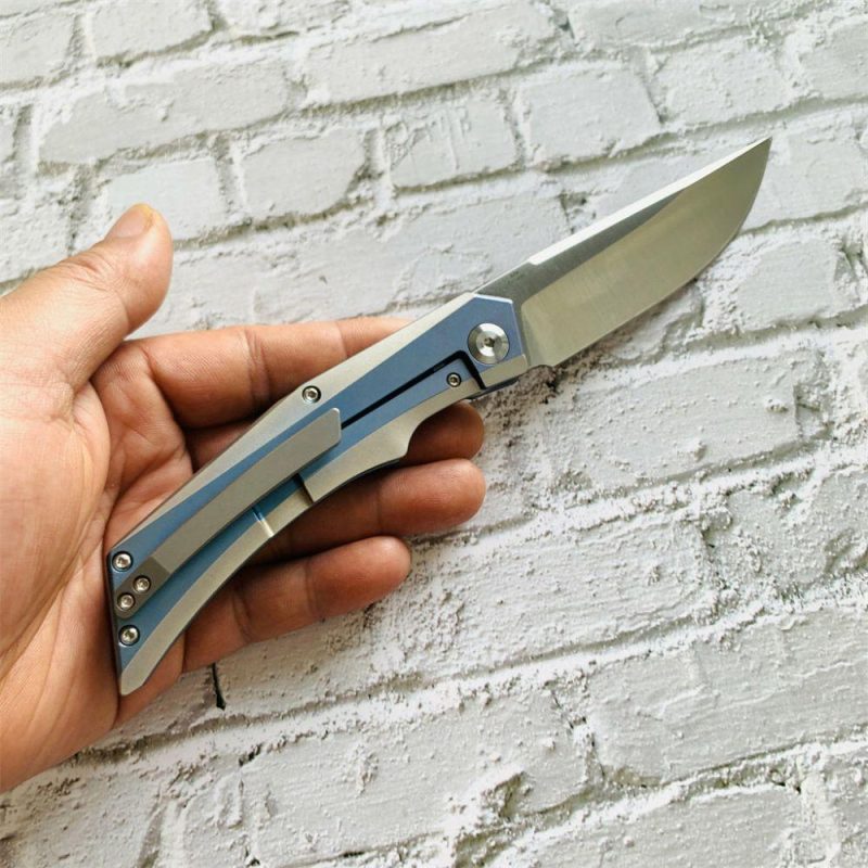 Knife Naska K1035A3 Satin CPM-S35VN Blade Blue Anodized and Plain Titanium Handle with APK Designs | Folding Pocket Knives