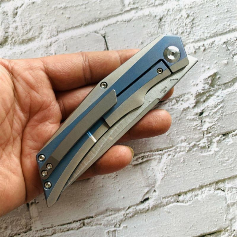 Knife Naska K1035A3 Satin CPM-S35VN Blade Blue Anodized and Plain Titanium Handle with APK Designs | Folding Pocket Knives