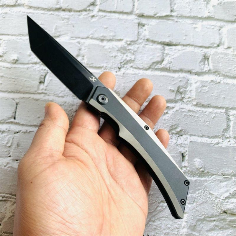 Knife Naska K1035T2 Black Stonewashed CPM-S35VN Tanto Blade Black Anodized and Plain Titanium Handle with APK Designs | Folding Pocket Knives