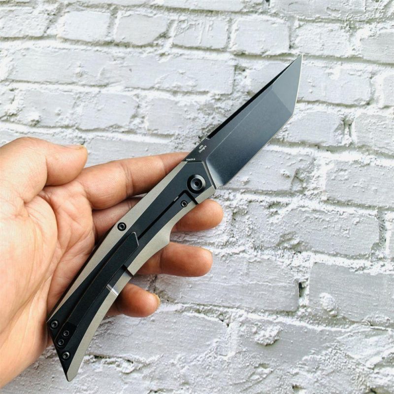 Knife Naska K1035T2 Black Stonewashed CPM-S35VN Tanto Blade Black Anodized and Plain Titanium Handle with APK Designs | Folding Pocket Knives