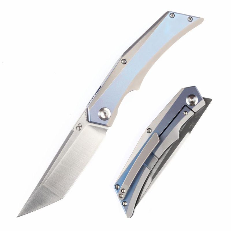 Knife Naska K1035T3 Satin CPM-S35VN Tanto Blade Blue Anodized and Plain Titanium Handle with APK Designs | Folding Pocket Knives