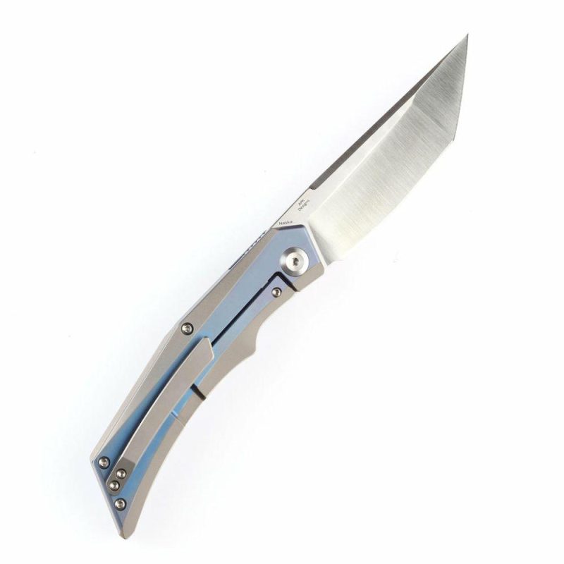 Knife Naska K1035T3 Satin CPM-S35VN Tanto Blade Blue Anodized and Plain Titanium Handle with APK Designs | Folding Pocket Knives