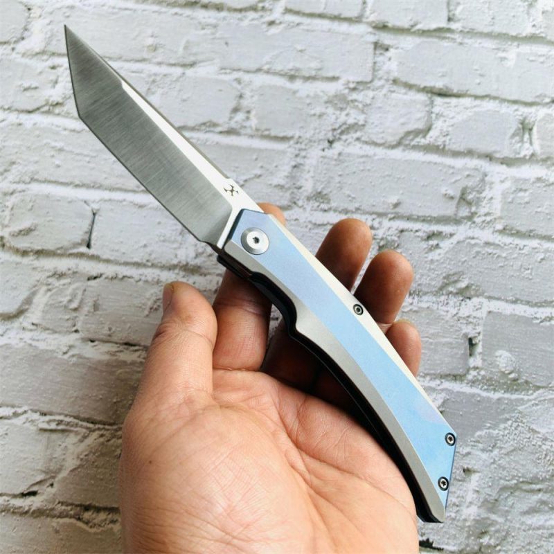 Knife Naska K1035T3 Satin CPM-S35VN Tanto Blade Blue Anodized and Plain Titanium Handle with APK Designs | Folding Pocket Knives