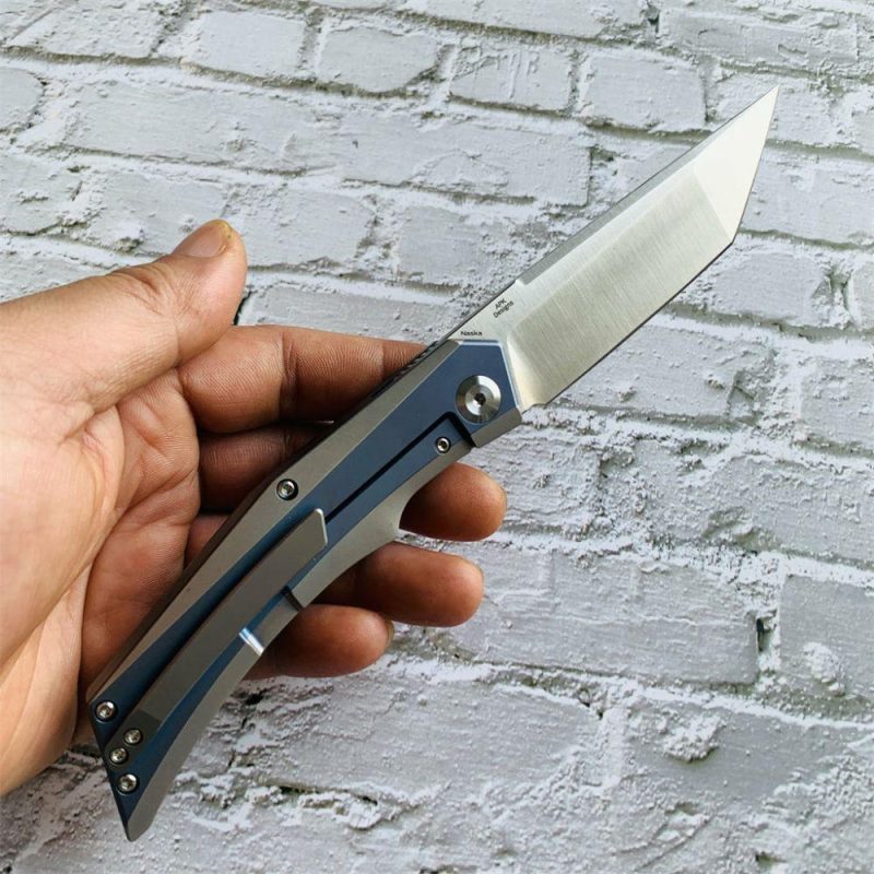 Knife Naska K1035T3 Satin CPM-S35VN Tanto Blade Blue Anodized and Plain Titanium Handle with APK Designs | Folding Pocket Knives